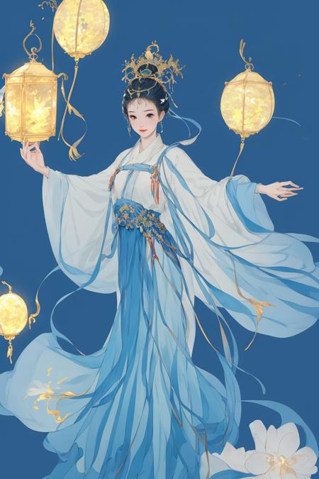 08856-3204486264-A girl, blue dress, standing, facing, full length, in front, holding a lantern in one hand.png